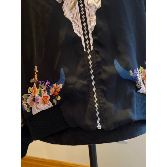 Fab’rik Bomber Jacket Size Medium Bison Head Floral Full Zip Front Lightweight - Picture 3 of 11